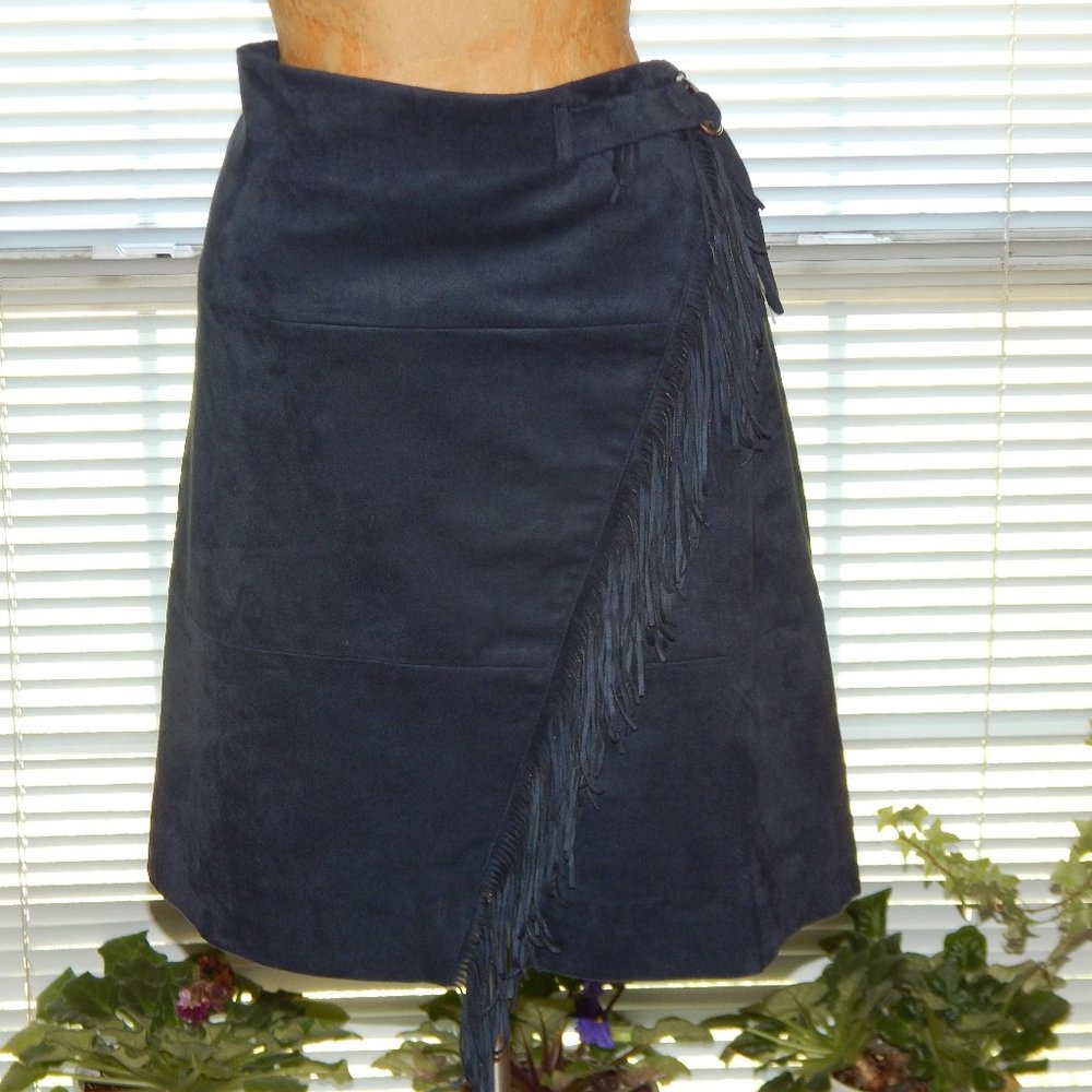 NWT $198 Navy Blue Suede Look Fringed Skirt MARIE OLIVER M L
